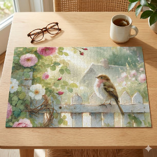 Puzzle Scène aquarelle d'oiseau aux roses de jardin