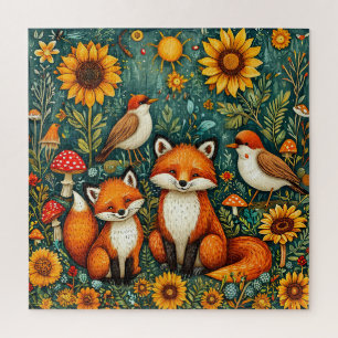 Puzzle Scène boisée avec renards, oiseaux, tournesols