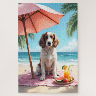 Puzzle Scène de détente sur la plage avec Setter Anglais
