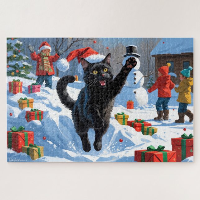 Puzzle Scène de fête de Noël de chat noir (Horizontal)
