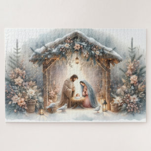 Puzzle Scène de la Nativité rustique avec fleurs d'hiver