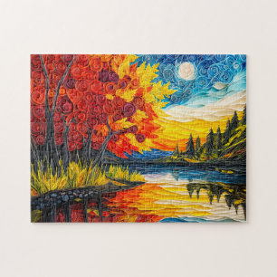 Puzzle Scène de lac en été indien en quilling