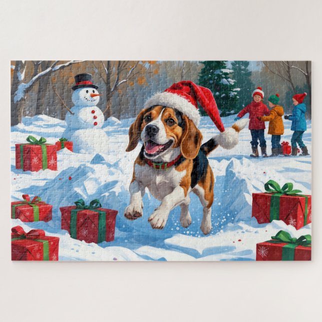 Puzzle Scène de neige festive de Noël avec Beagle (Horizontal)