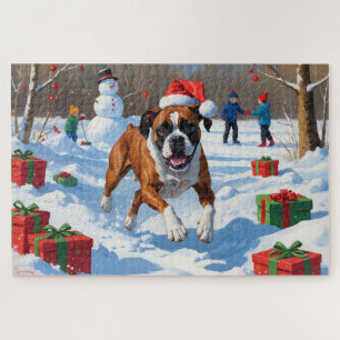 Puzzle Scène de Noël festive avec un Boxer dans la neige