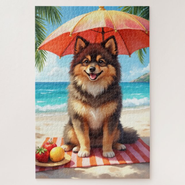 Puzzle Scène de plage avec un Lapphund finnois (Vertical)