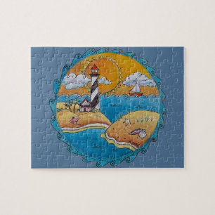 Puzzle Scène de plage de phare fantaisiste, art folkloriq