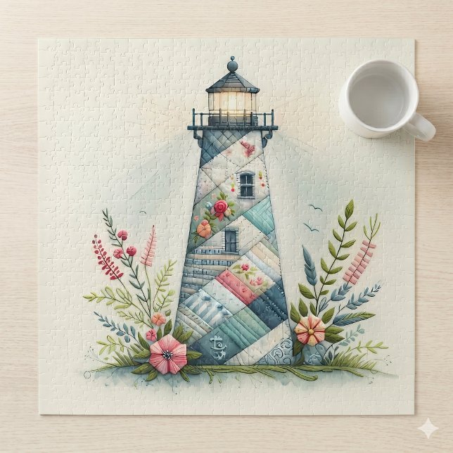Puzzle Scène florale côtière du phare patchwork (Patchwork Lighthouse Coastal Floral Scene Jigsaw Puzzle)
