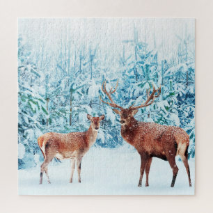 Puzzle Scène hivernale de la famille des cerfs de neige