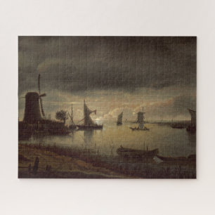 Puzzle Scène néerlandaise de rivière avec le moulin à