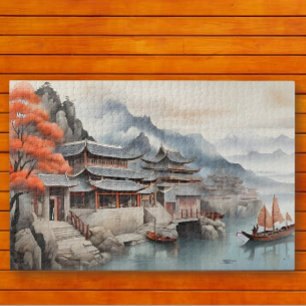 Puzzle Scène tranquille de village de pêcheurs oriental
