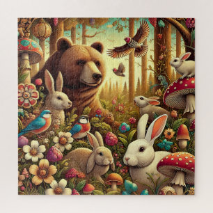 Puzzle Scène Whimsical de bois avec de mignons animaux