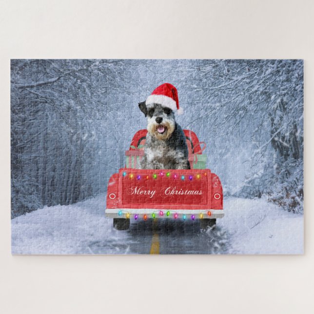 Puzzle Schnauzer Chien en neige assis sur le camion de No (Horizontal)