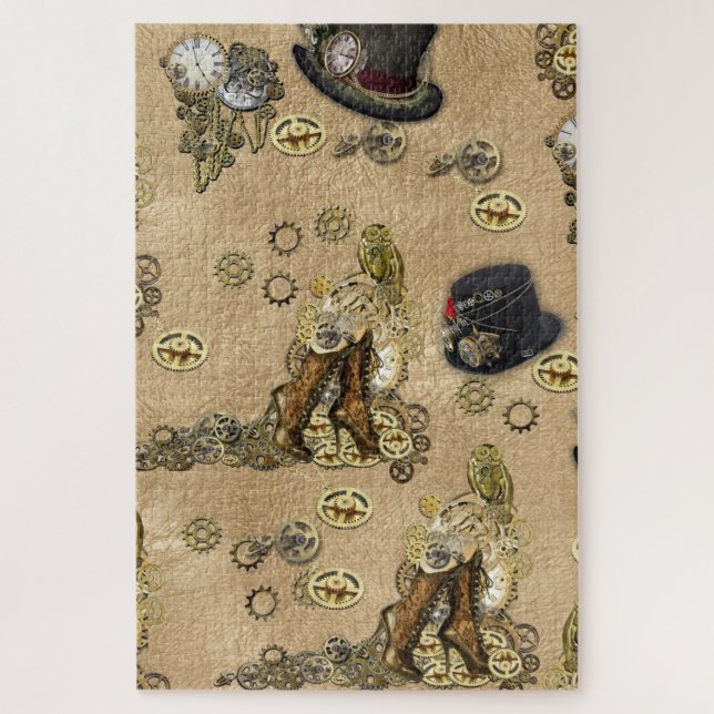 Puzzle Sculptures de Steampunk sur Tan Leather Texture (Vertical)