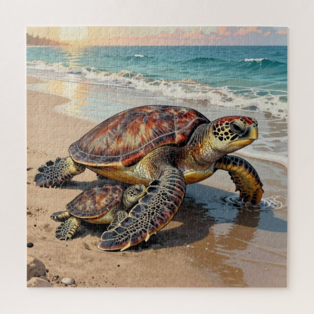 Puzzle Sea Turtle and Baby on Beach Illustration (Vertical)
