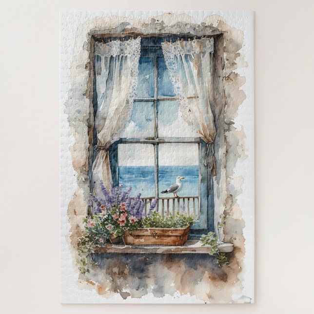 Puzzle Seaside Window View Watercolor Coastal Scene (Vertical)