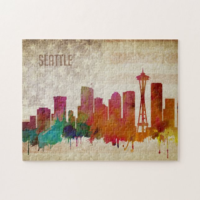Puzzle Seattle, horizon de ville d'aquarelle de WA | (Horizontal)