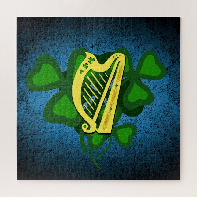 Puzzle Shamrock de harpe irlandais, shamrocks verts 4 feu (Horizontal)