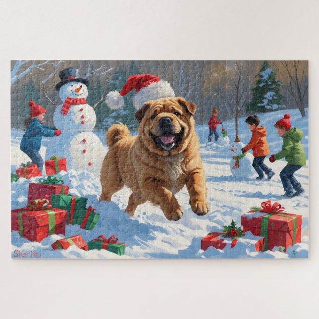 Puzzle Shar Pei coule dans la neige avec le Casquette de  (Horizontal)