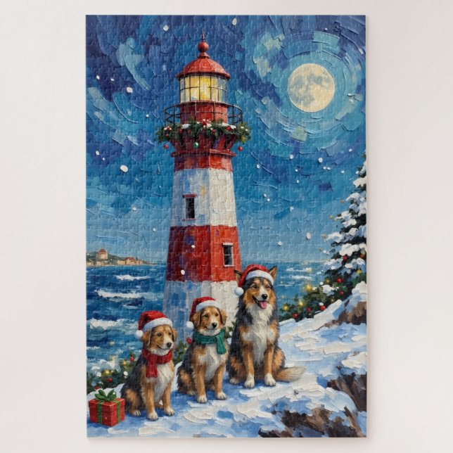 Puzzle Shetland Sheepdog Christmas Lighthouse Holiday (Vertical)