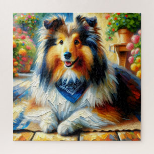 Puzzle Shetland Sheepdog dans une scène de jardin de cott