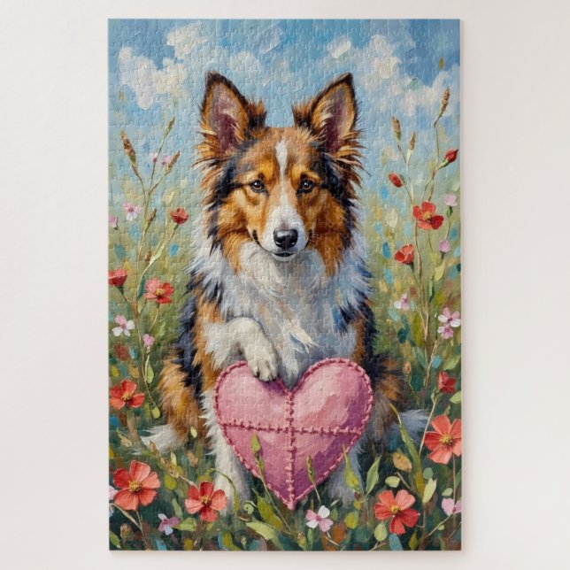 Puzzle Shetland Sheepdog Valentine's Day Heart Pillow (Vertical)