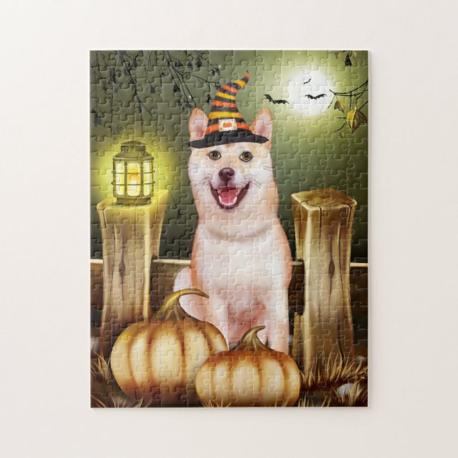 Puzzle Shiba Inu avec le Casquette sorcier Halloween (Vertical)