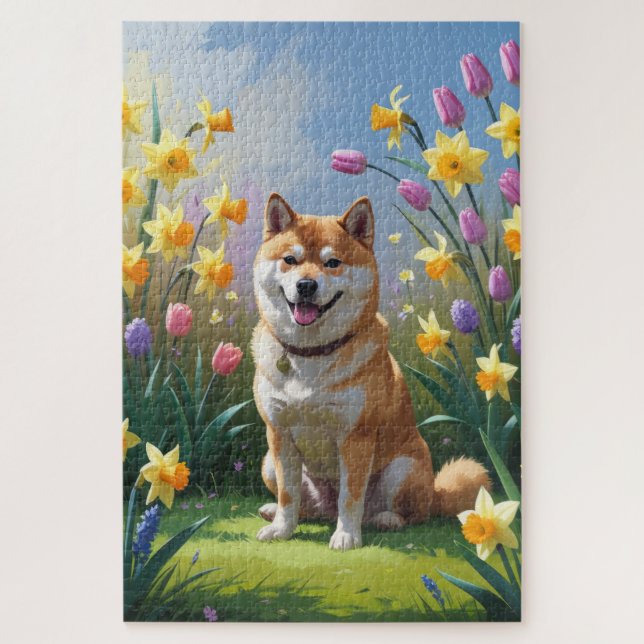 Puzzle Shiba Inu Chien Fleurs de printemps Peinture (Vertical)