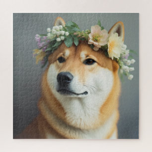 Puzzle Shiba Inu, couronne de fleurs