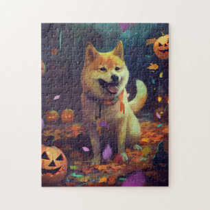 Puzzle Shiba Inu d'Halloween avec citrouilles effrayant