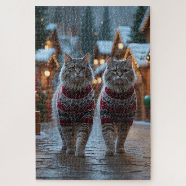 Puzzle Siberian Cats Christmas Snow Holiday  (Vertical)
