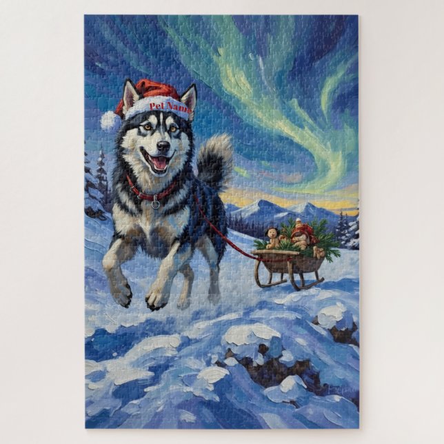 Puzzle Siberian Husky Arctic Sled Run Christmas Hat (Vertical)