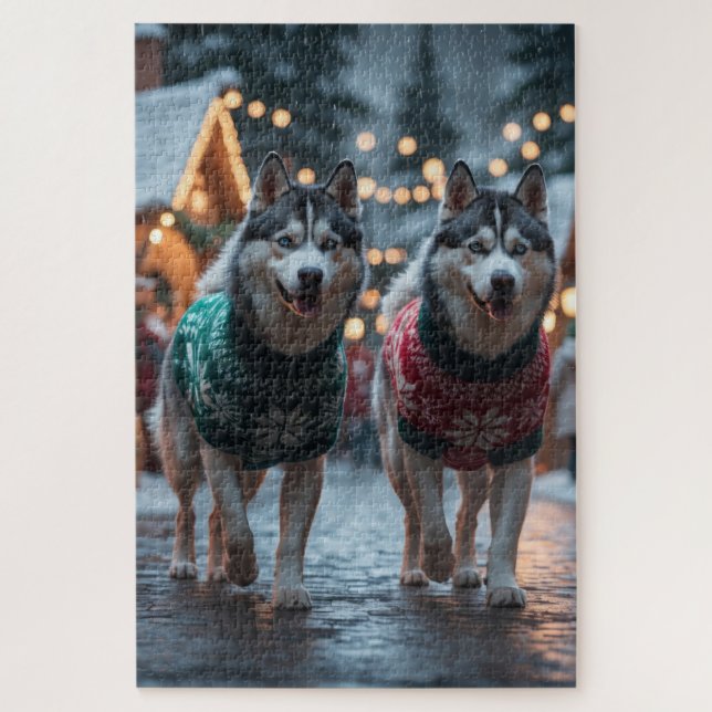 Puzzle Siberian Husky Dogs Christmas Snow Holiday  (Vertical)
