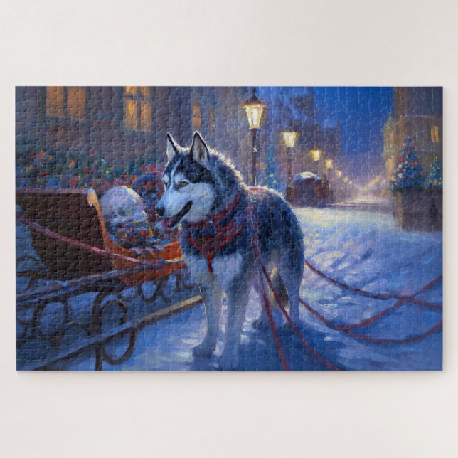 Puzzle Siberian Husky Saison de Fêtes de Noël (Horizontal)