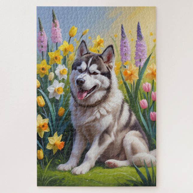 Puzzle Sibérie Husky Chien Fleurs de printemps Peinture (Vertical)