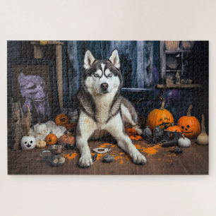 Puzzle Sibérie Husky Citrouille Halloween effrayant