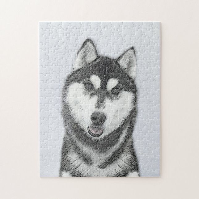 Puzzle Sibérie Husky (noir et blanc) peint l'art du chien (Vertical)