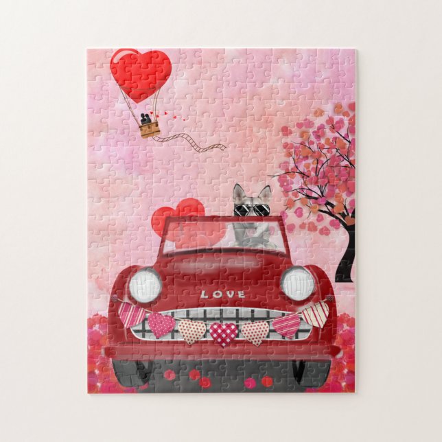 Puzzle Sibérie Husky voiture avec les coeurs Valentine's (Vertical)