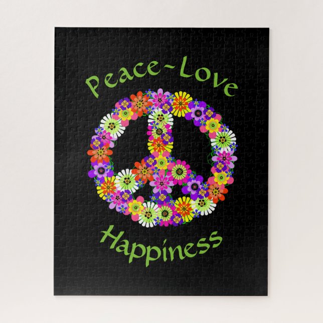 Puzzle Signe de paix Amour & Bonheur sur fond noir (Vertical)