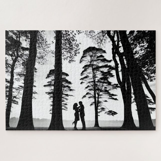 Puzzle Silhouette Couple Embrasser dans la Forêt Blanche  (Horizontal)