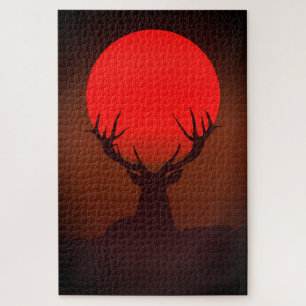 Puzzle Silhouette de cerf avec coucher de soleil rouge fe