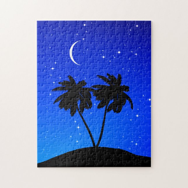 Puzzle Silhouette de palmier, Bleu du soir avec étoiles (Vertical)