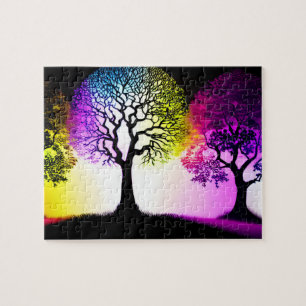 Puzzle Silhouettes arborées avec arc-en-ciel