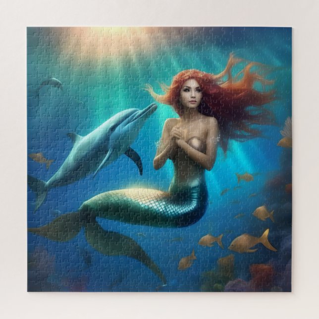 Puzzle Sirène Angélique Nageant Avec Dauphins, (Vertical)