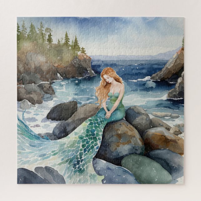 Puzzle Sirène D'Aquarelle Sur Les Rochers Océaniques (Vertical)