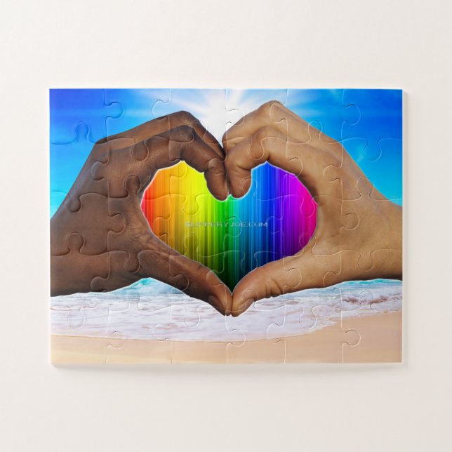 Puzzle SlipperyJoe dégradé arc-en-ciel vif cœur interraci (Horizontal)