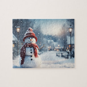 Puzzle Snowman dans le village. Scène hivernale.