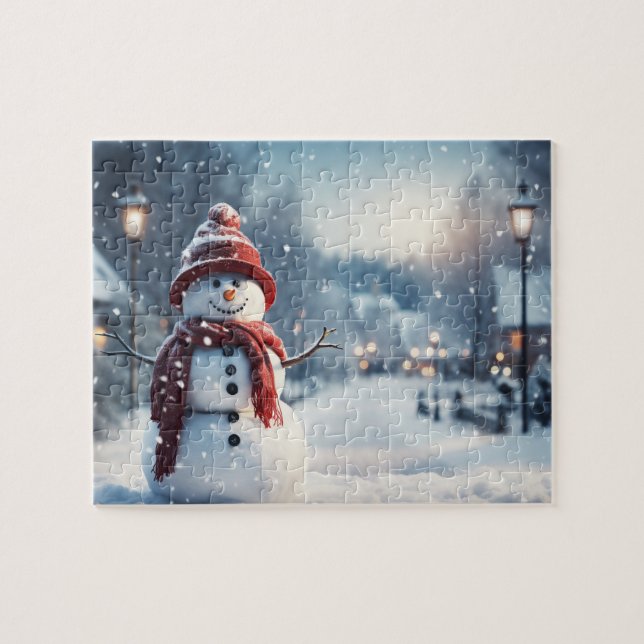 Puzzle Snowman dans le village. Scène hivernale. (Horizontal)