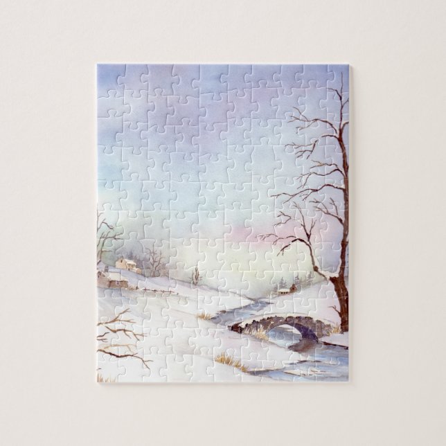 Puzzle Snowy Bridge Watercolor Landscape (Vertical)