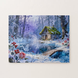 Puzzle Snowy Enchanted Forest Cottage with Bridge and Glo