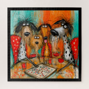 Puzzle Soirée de jeu avec des chiens joueurs et du vin